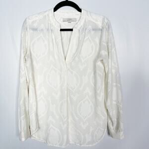 LOFT Small S Off White Blossom Jacquard Textured Long Sleeve Blouse Split VNeck